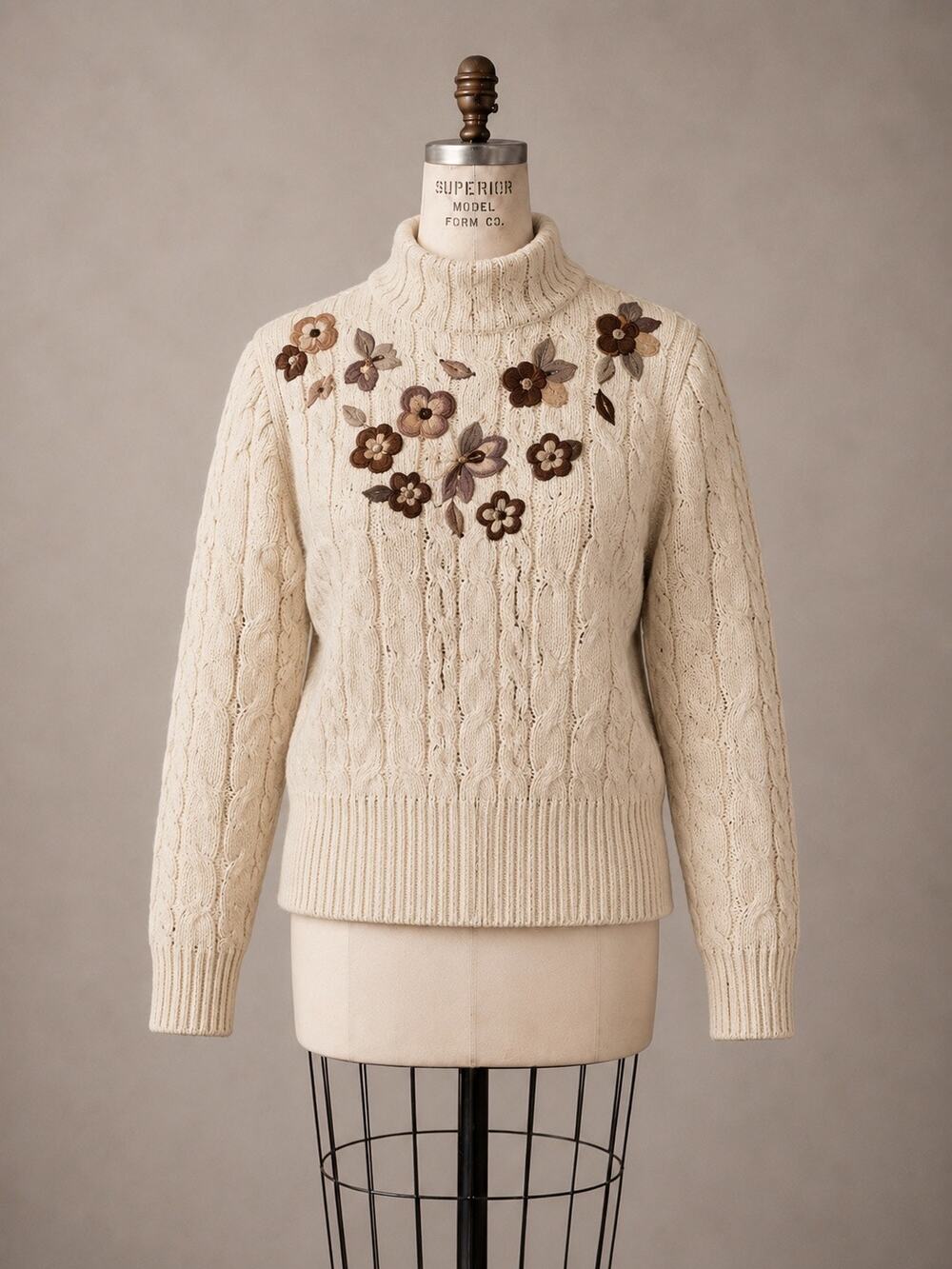 Vintage Liz Claiborne Collection Hand Knit Silk Blend Floral Cable Knit Sweater
